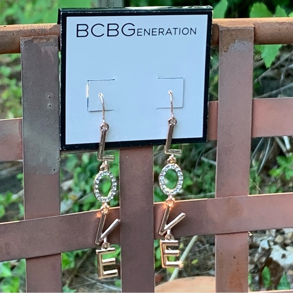 BCBGeneration ROSE GOLD “LOVE” EARRINGS! Long Drop Hook Sparkly Pavé Crystals - Picture 2 of 8